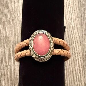 American West Pink Stone Bracelet with Silver and Tan Leather Braided Band